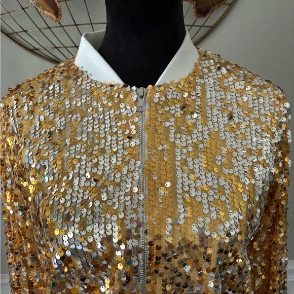 Womens Long Sleeve Sequin Zipper Jacket with Ribbed Cuffs - Picture 2 of 13